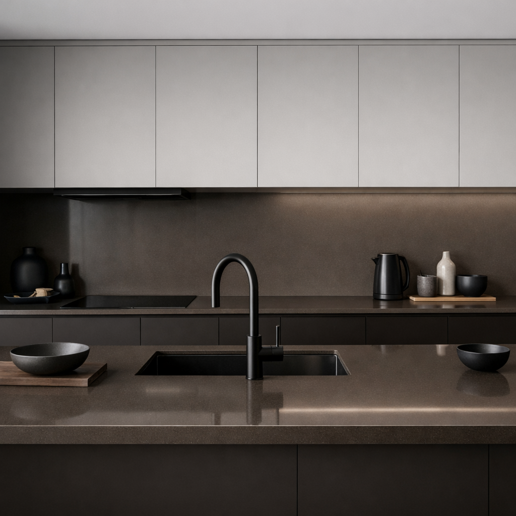 Modern kitchen with brown quartz countertops and sleek design
