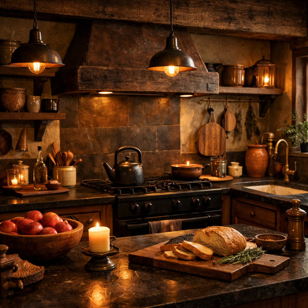 Cozy rustic kitchen with dark brown countertops, wooden shelves, and warm lighting.