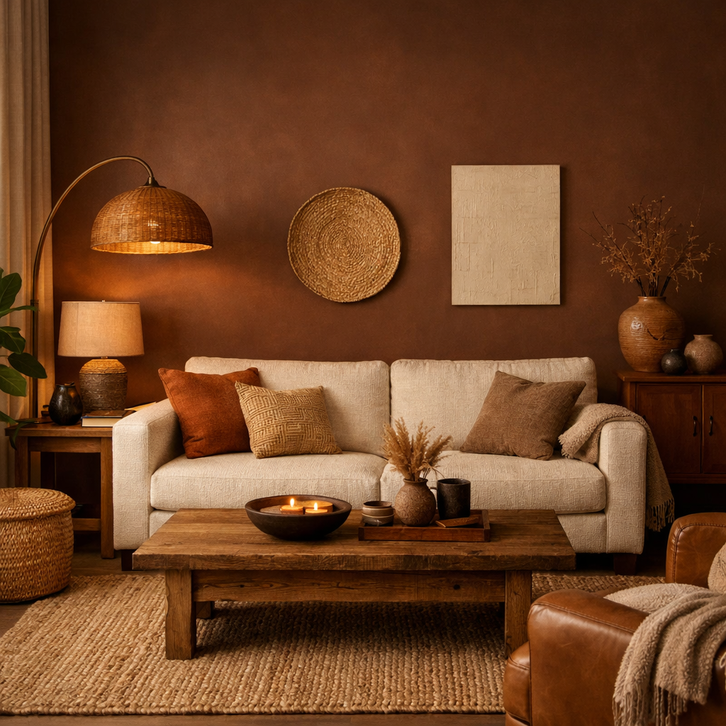 Cozy living room featuring a brown accent wall, light-colored sofa, and textured decorations.
