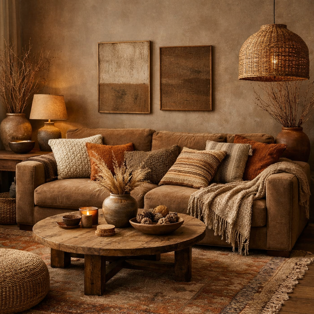 Warm brown living room with cozy furnishings and earthy tones.