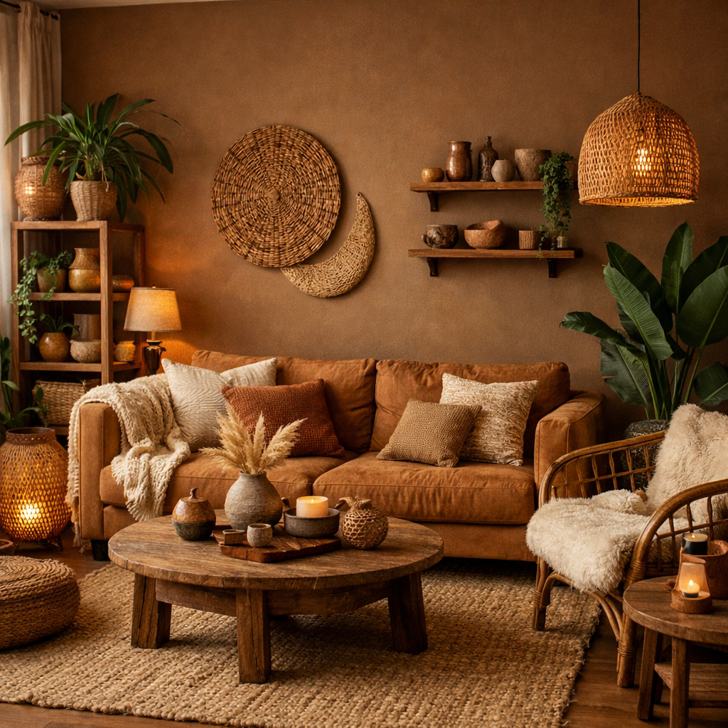 Warm brown living room with greenery, natural elements, and cozy decor