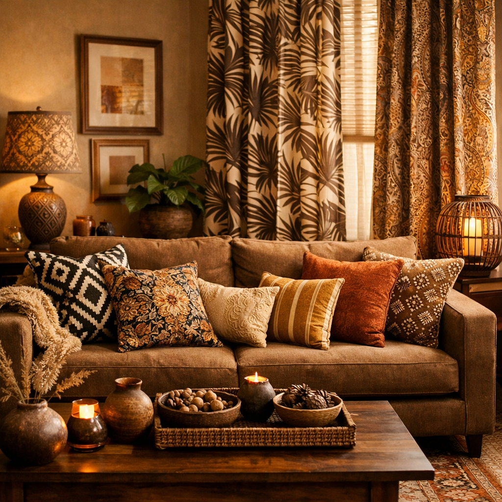 A cozy living room featuring a brown sofa with patterned pillows, warm lighting, and decorative elements.