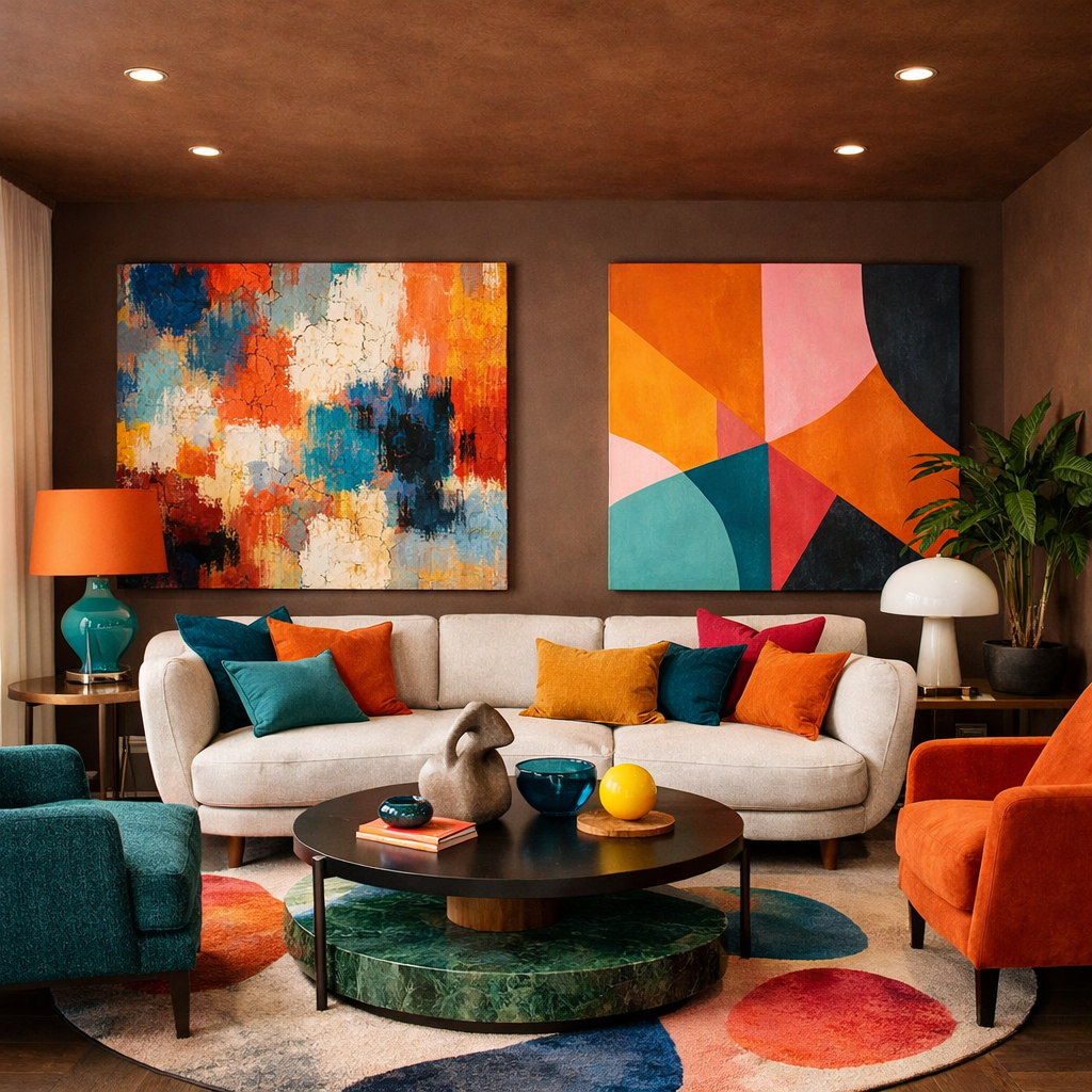 A cozy living room with a brown ceiling, colorful artwork, and vibrant furniture accents.