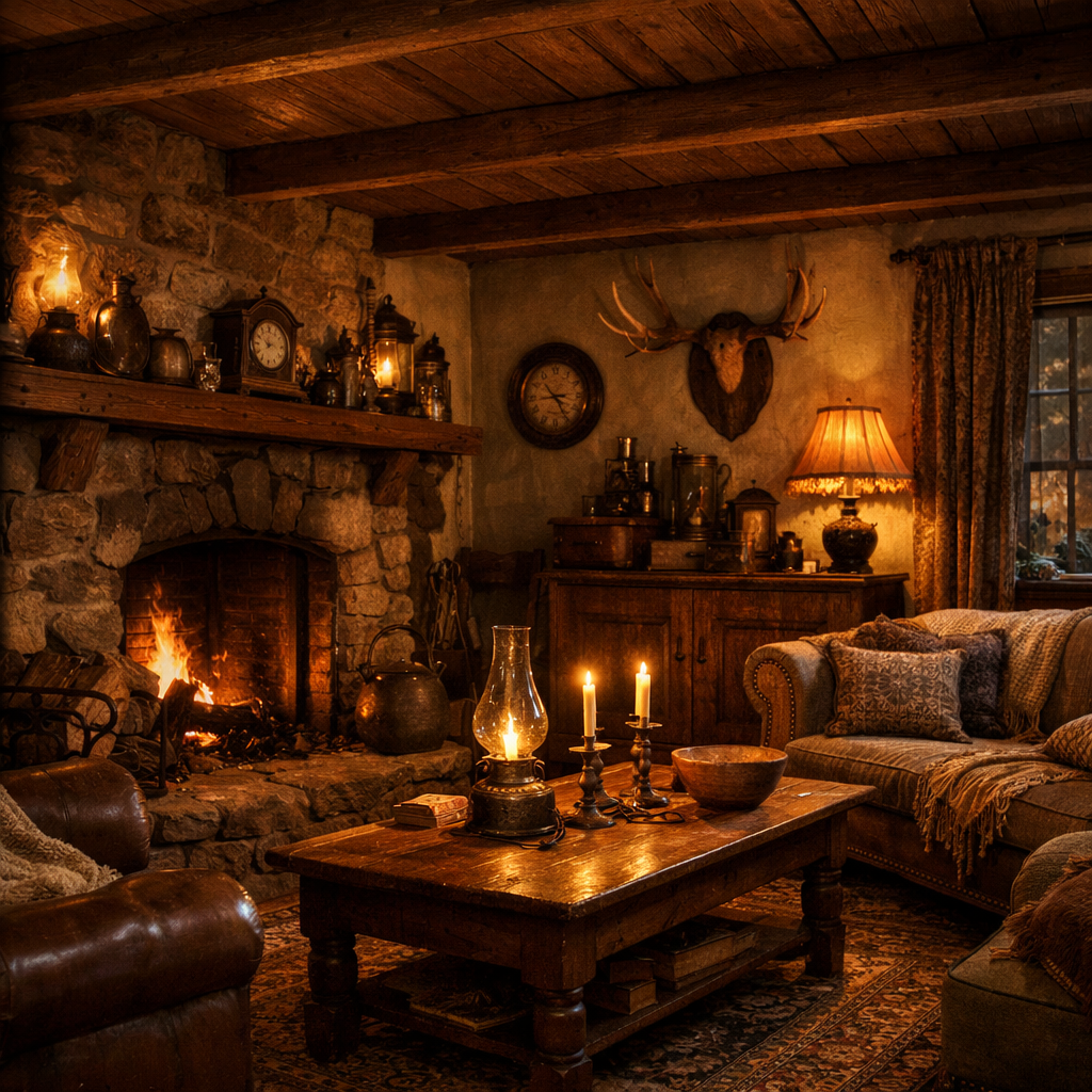 Cozy living room with a brown ceiling and vintage decor, featuring a stone fireplace, leather sofa, and warm lighting.
