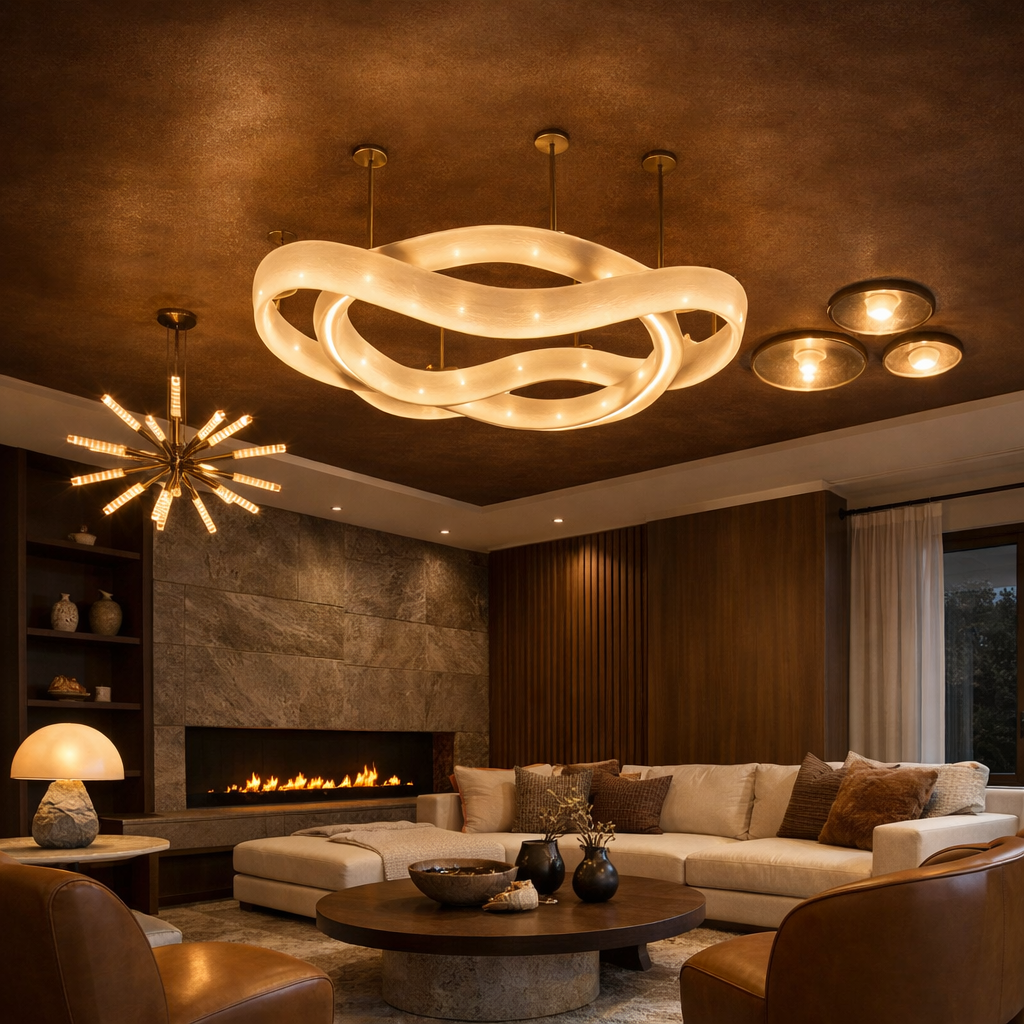 A stylish living room featuring a brown ceiling and unique light fixtures showcasing a chandelier and a starburst lamp.
