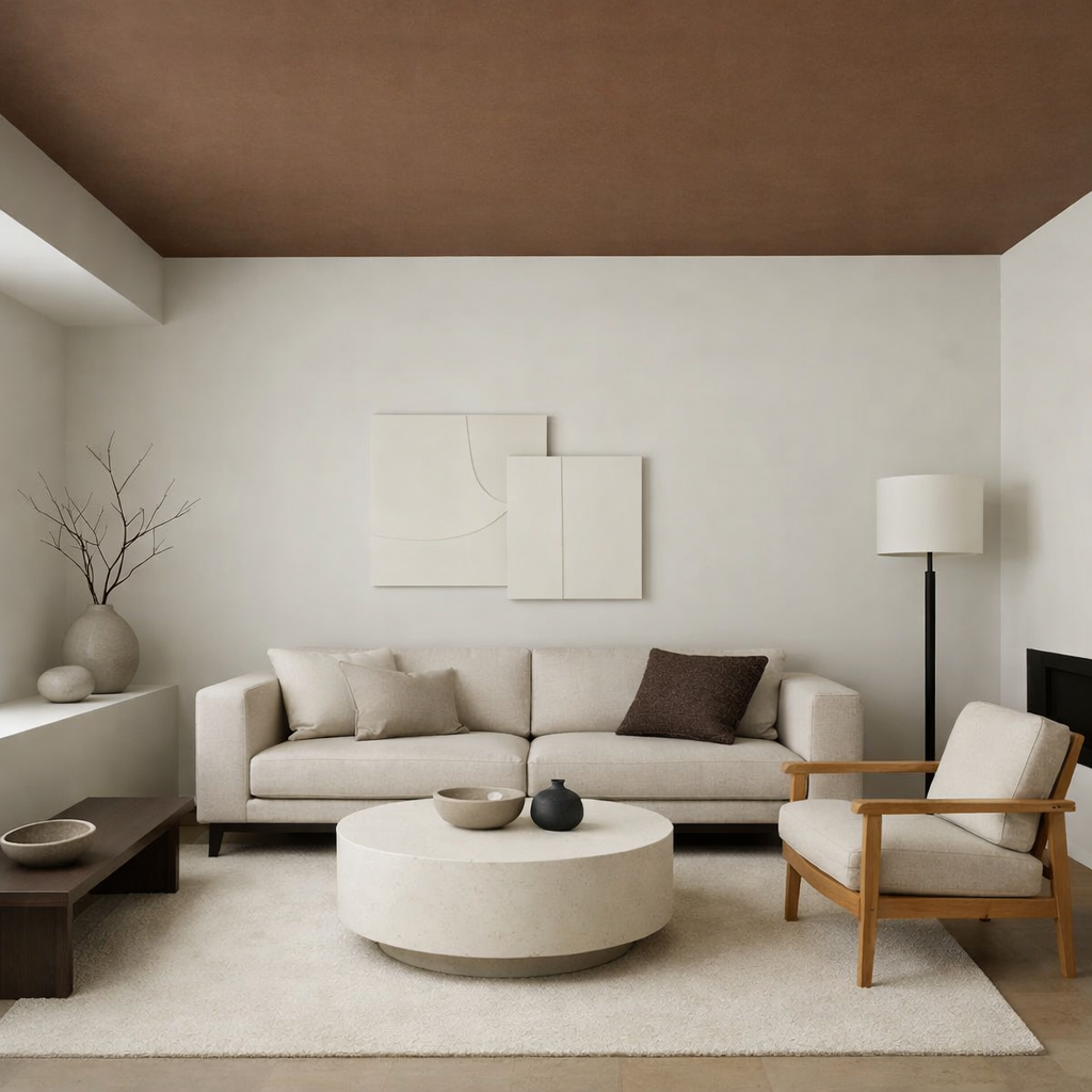 Living room with a brown ceiling and minimalist decor.