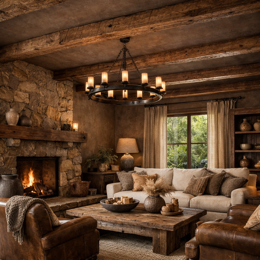 Cozy living room with brown ceiling and natural wood elements