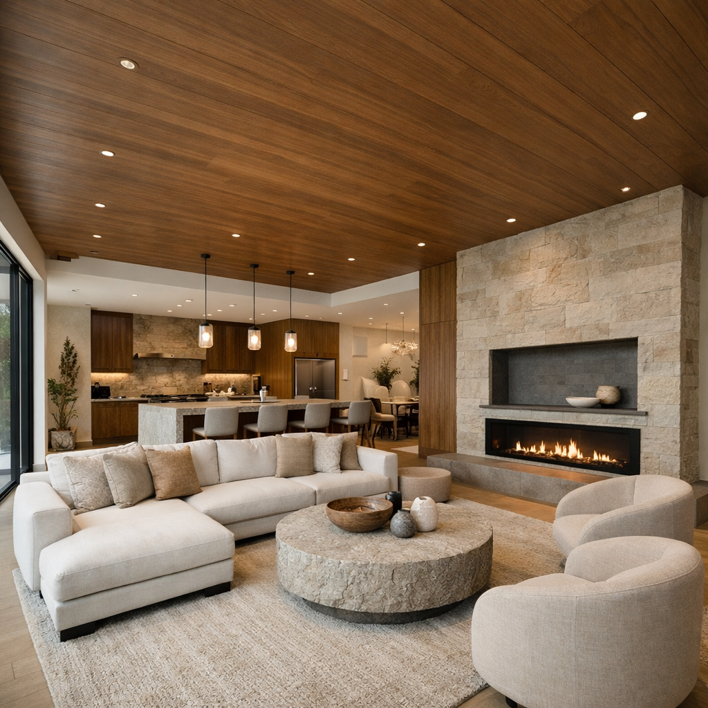A modern living room with a brown ceiling, showcasing an open concept design with elegant furniture and warm lighting.