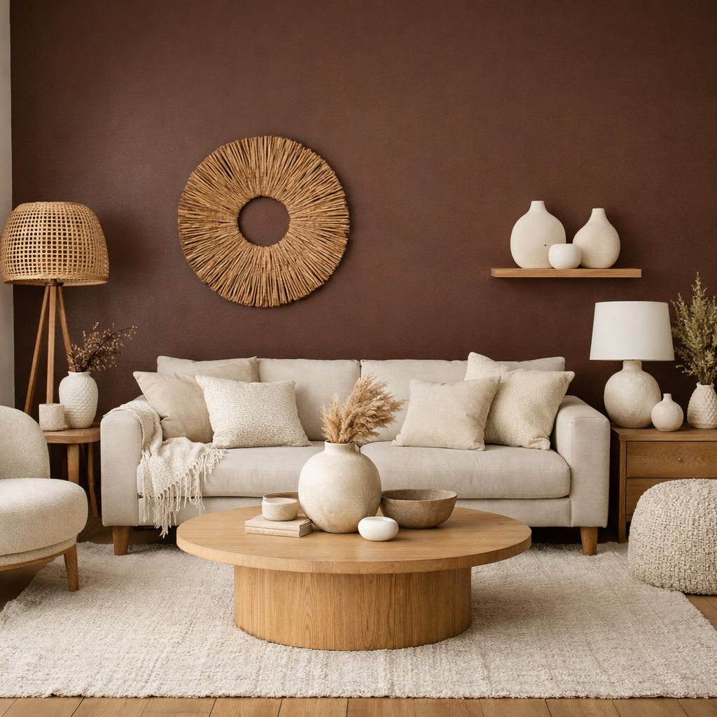 A cozy modern living room featuring a rich brown accent wall and soft beige furnishings.