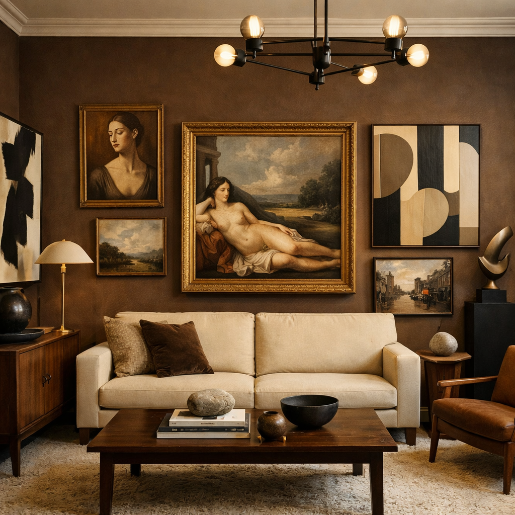 A brown living room featuring artistic displays with balanced modern and classical artwork on the walls, complemented by neutral-toned furniture.