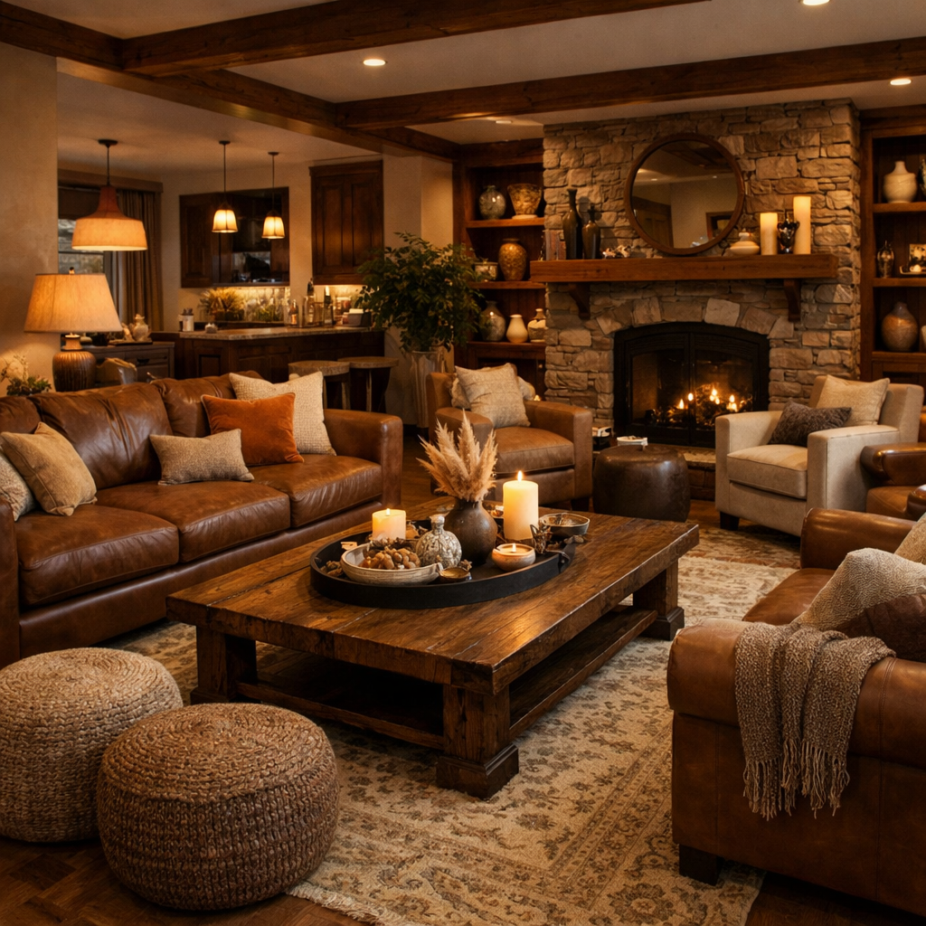 A modern brown living room featuring comfortable leather seating and a warm atmosphere.