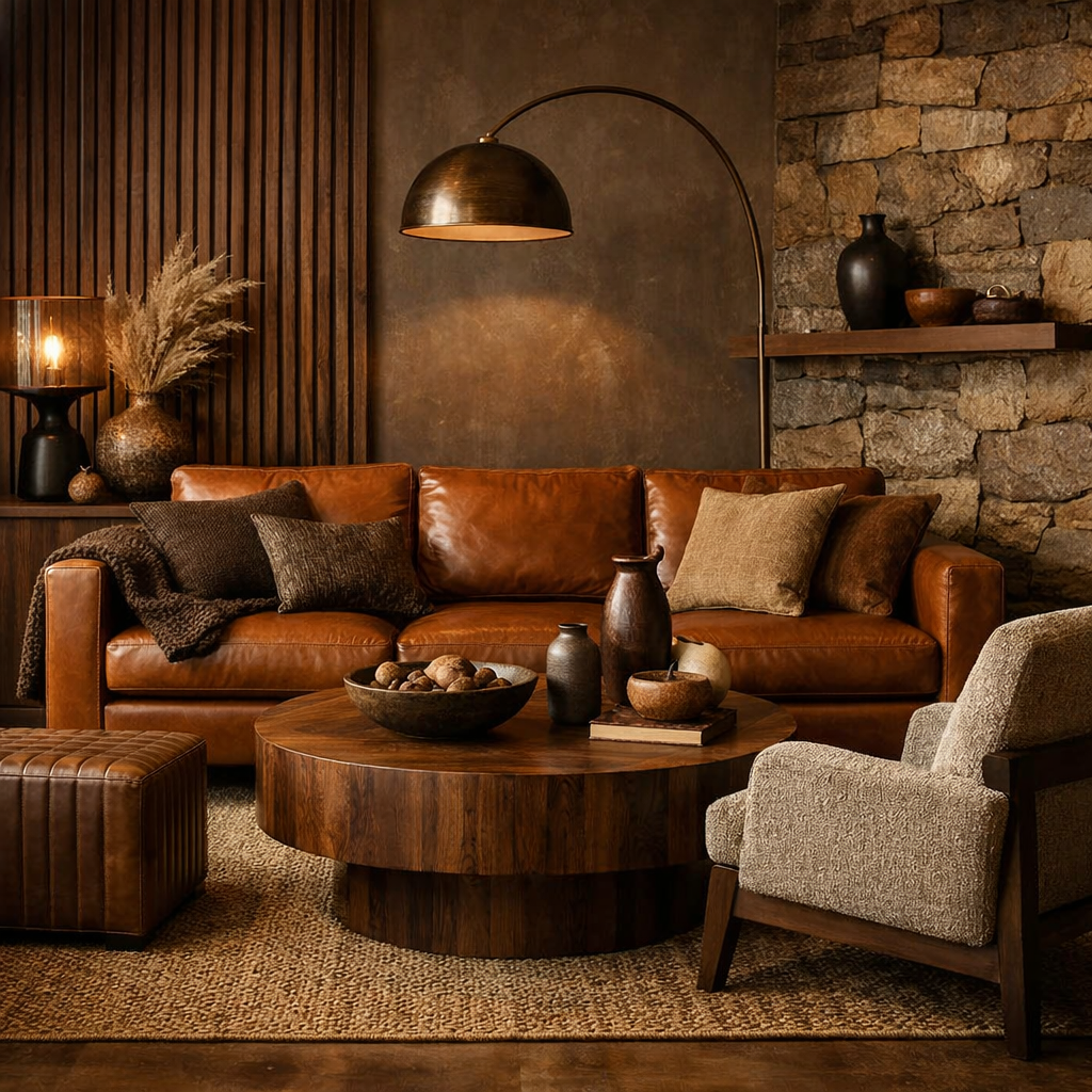 Modern brown living room featuring a leather sofa, stone wall, wooden coffee table, and textured decor.
