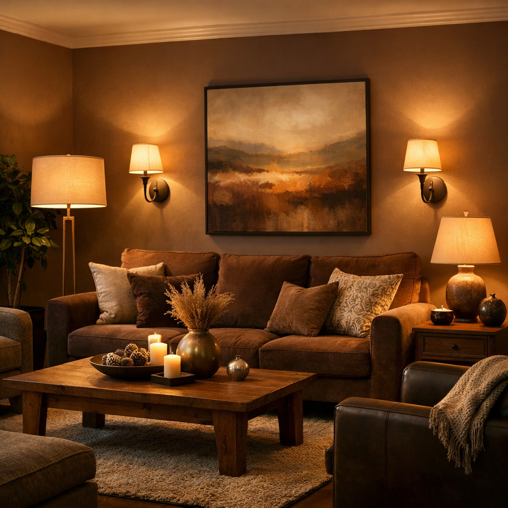 A cozy brown living room with layered lighting, featuring a sofa, coffee table with candles, and wall sconces.