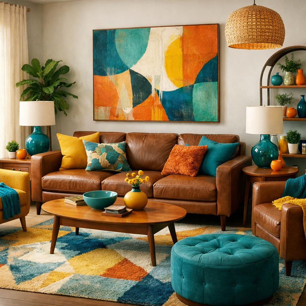 A modern living room showcasing brown leather furniture mixed with vibrant turquoise and orange decor.