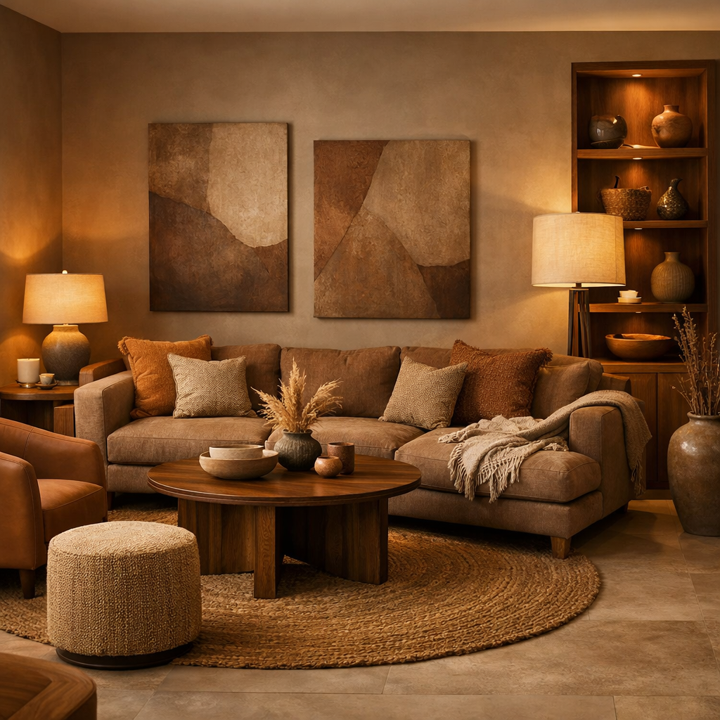A cozy brown living room with a sectional sofa, earthy decor, and warm lighting.