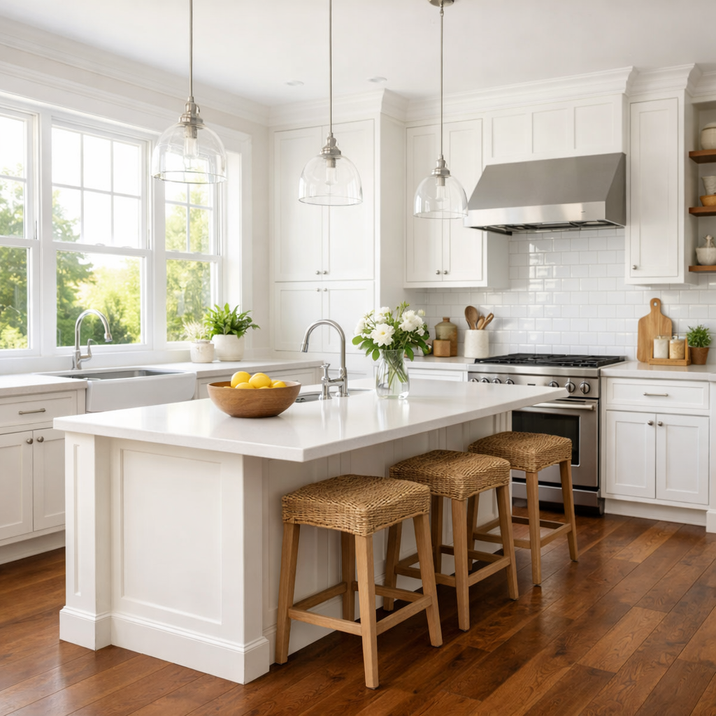 Bright kitchen featuring white cabinets and brown wooden accents with modern stools and natural light.