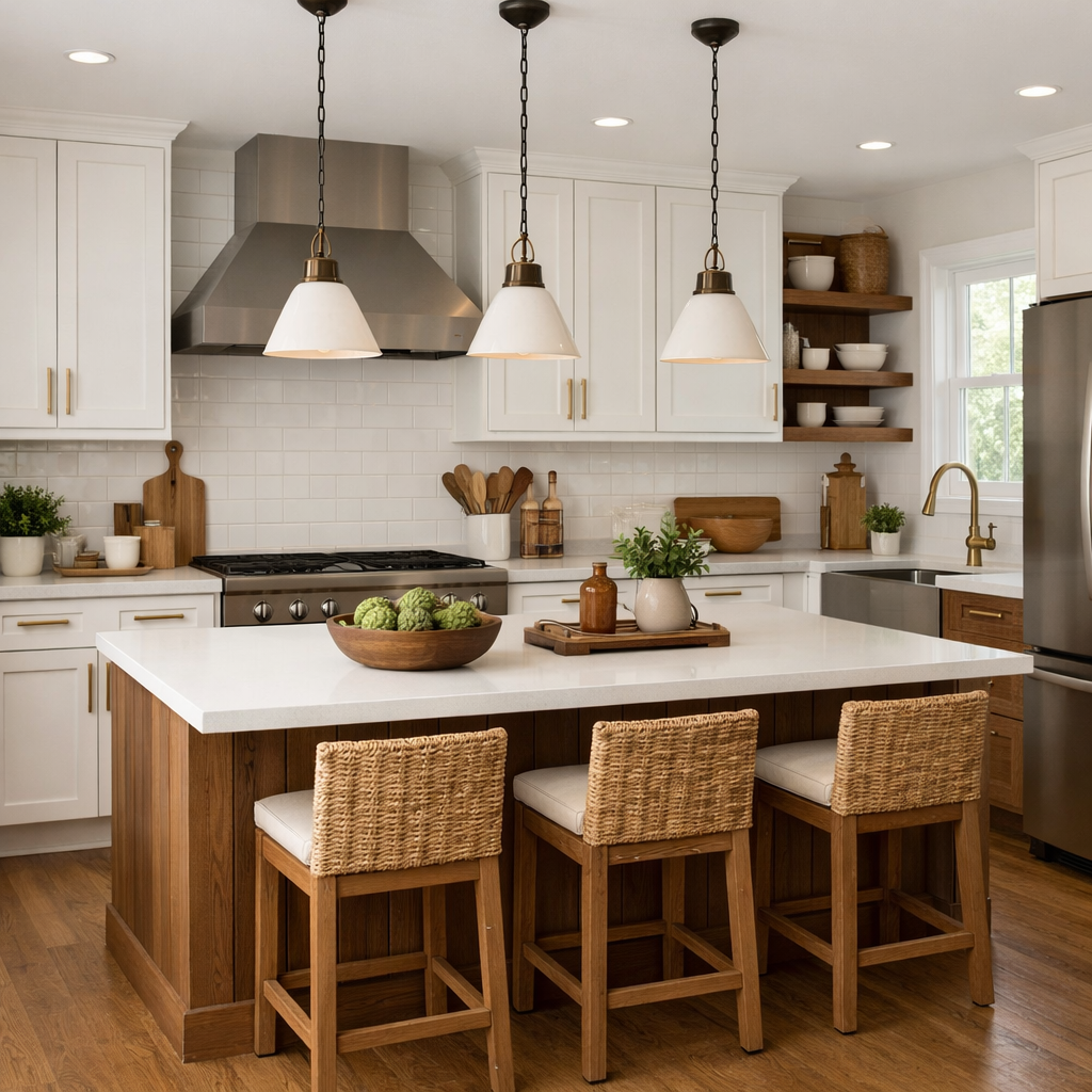 A modern kitchen with white cabinets and brown accents, featuring an island with bar stools and various kitchen items.