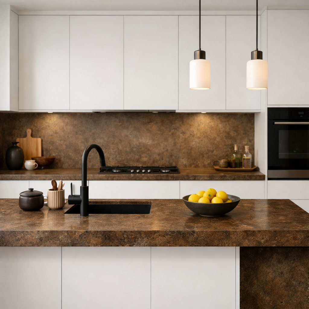 A modern kitchen featuring textured brown countertops, white cabinetry, and a bowl of yellow lemons.