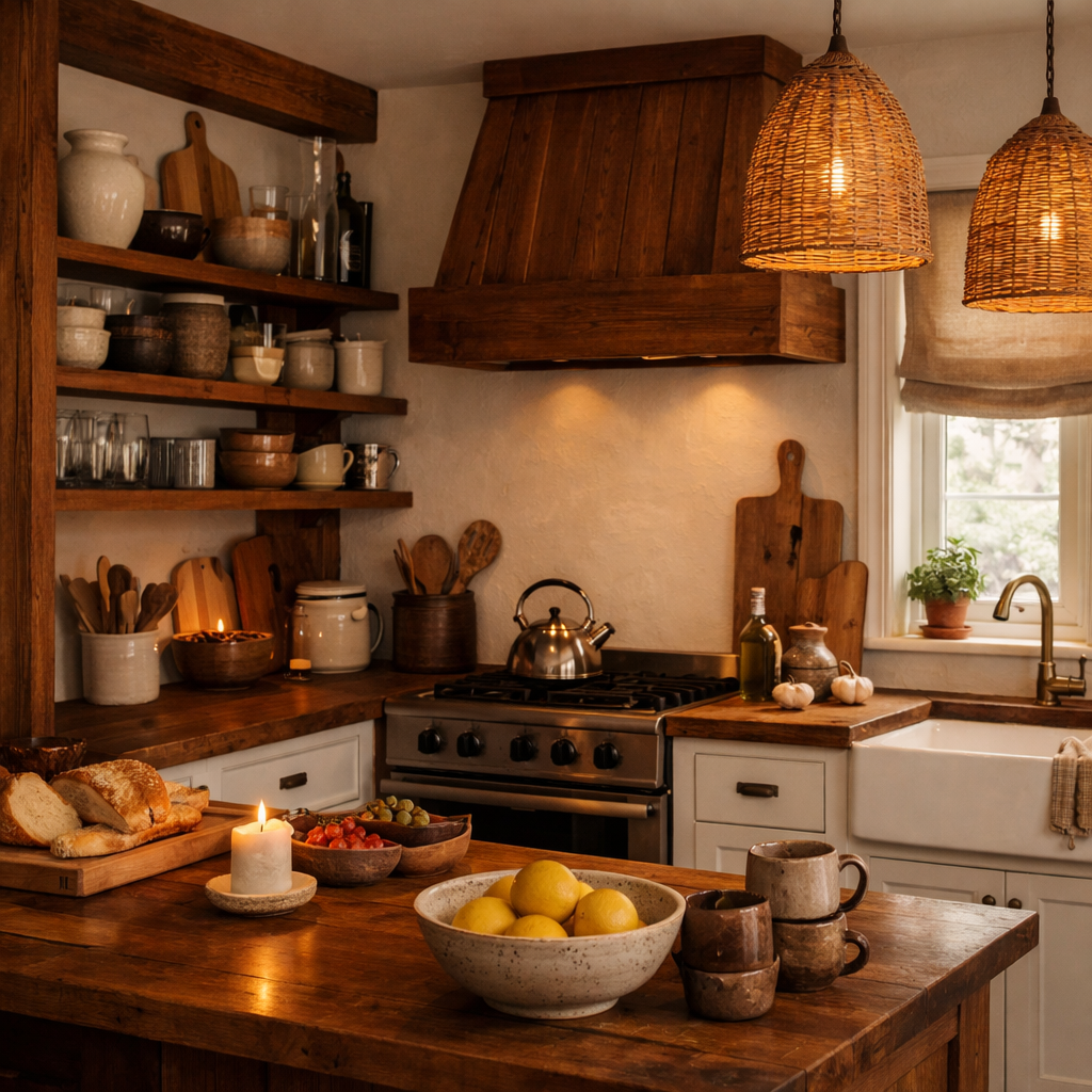 A cozy kitchen featuring warm brown wood accents with shelves, cabinetry, and natural decor.