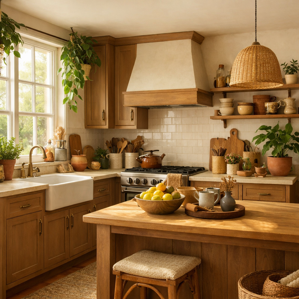 Cozy kitchen with light brown cabinets featuring open shelves, fresh plants, and a wooden table with fruits.