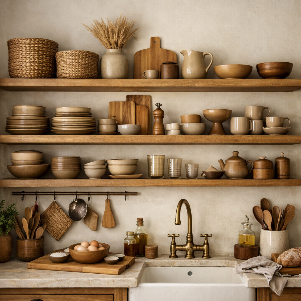 Open shelving in a light brown kitchen showcasing various dishes and decorative items