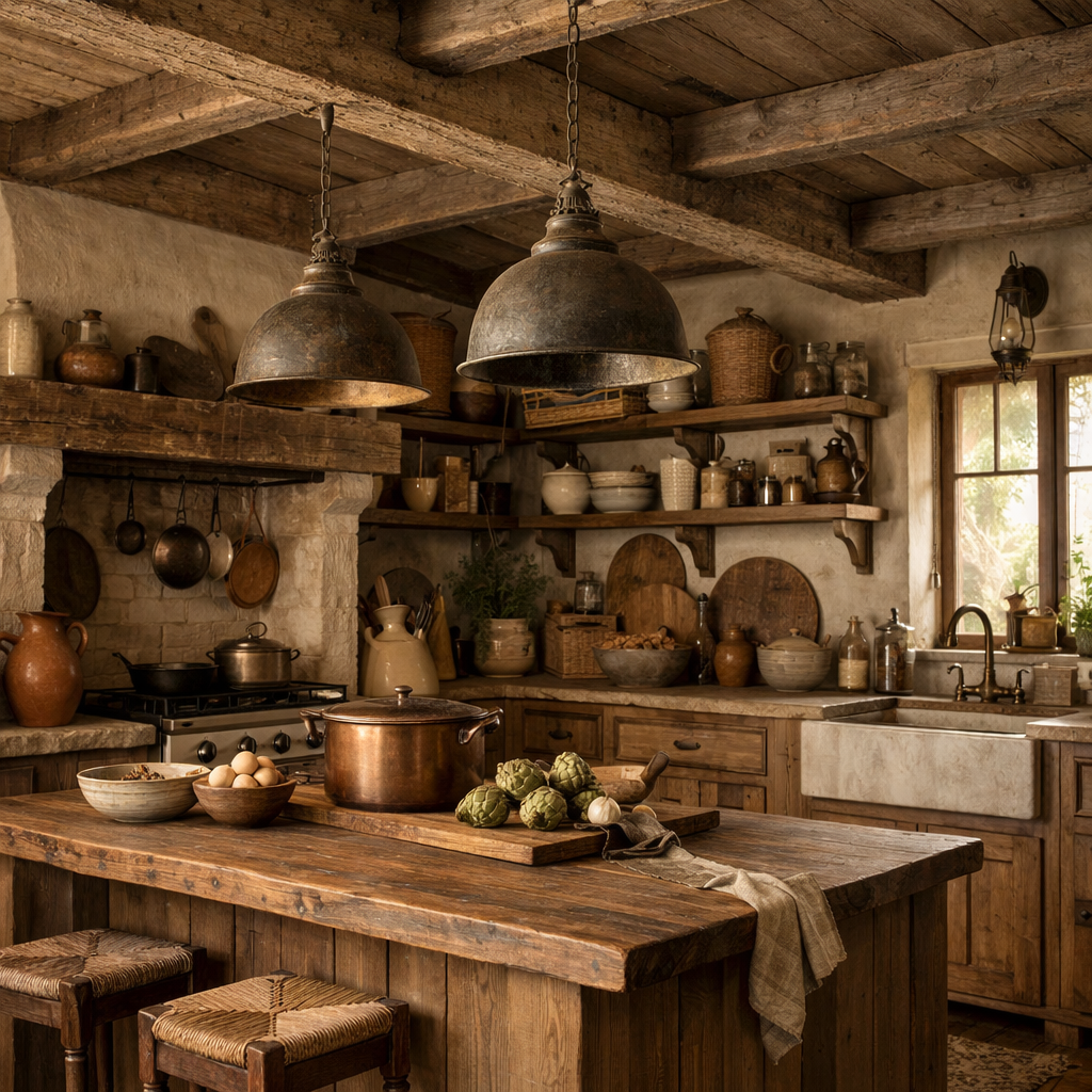 A rustic kitchen featuring light brown wooden finishes, vintage light fixtures, and open shelving.