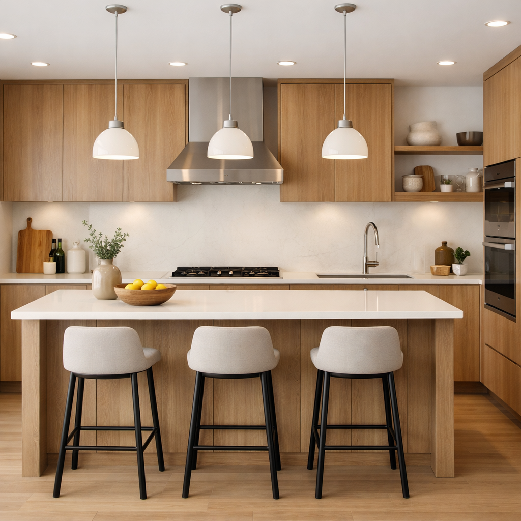 Modern kitchen with light brown wood accents, white countertops, and stylish pendant lights.