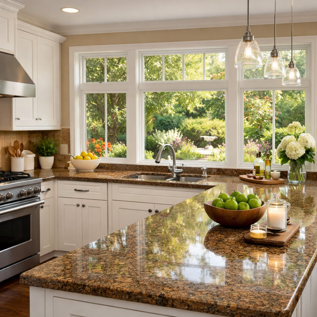 Bright kitchen with brown granite countertops, white cabinets, and large windows.