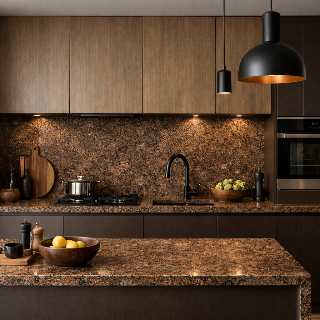 Elegant kitchen featuring a brown granite backsplash, dark wooden cabinets, and modern black fixtures.