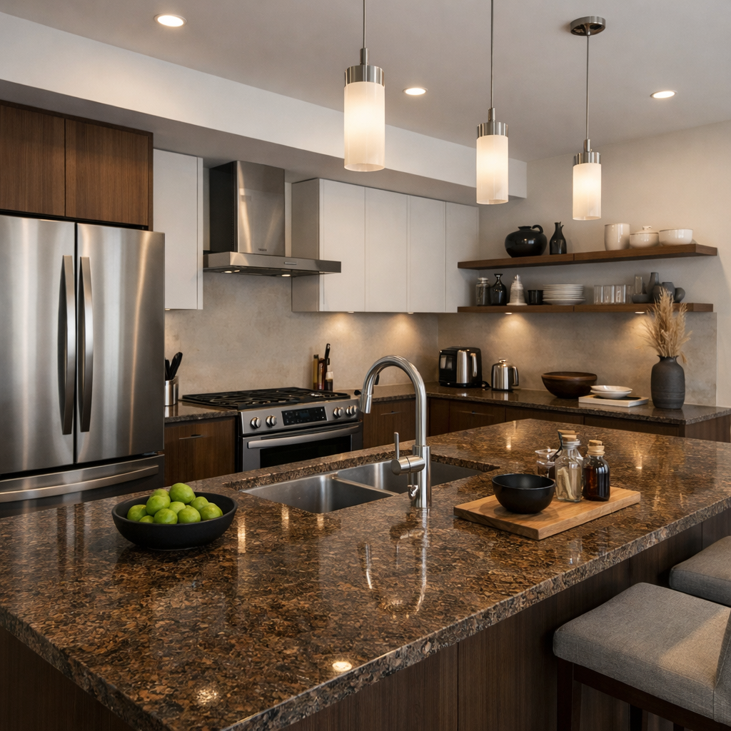 A contemporary kitchen featuring brown granite countertops, stainless steel appliances, and open shelving