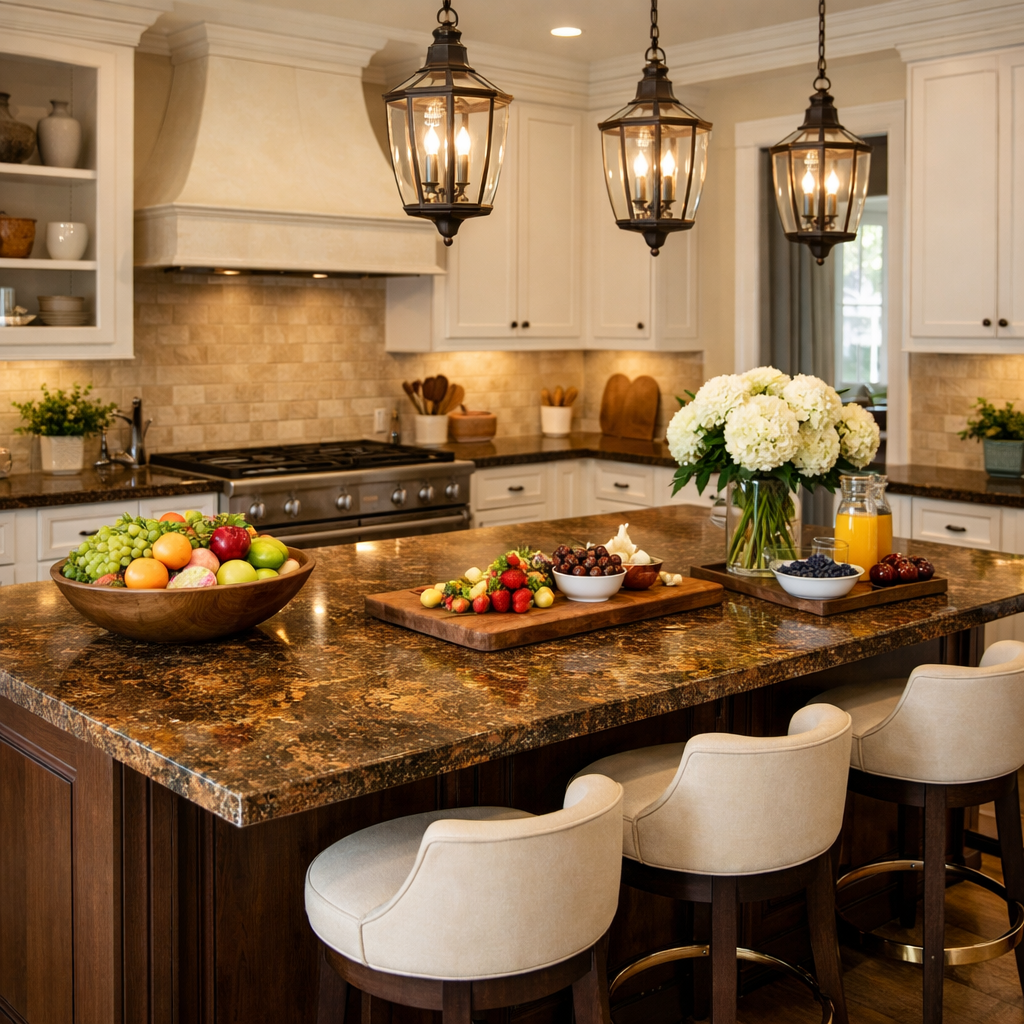 Elegant kitchen with a brown granite island and fresh fruits