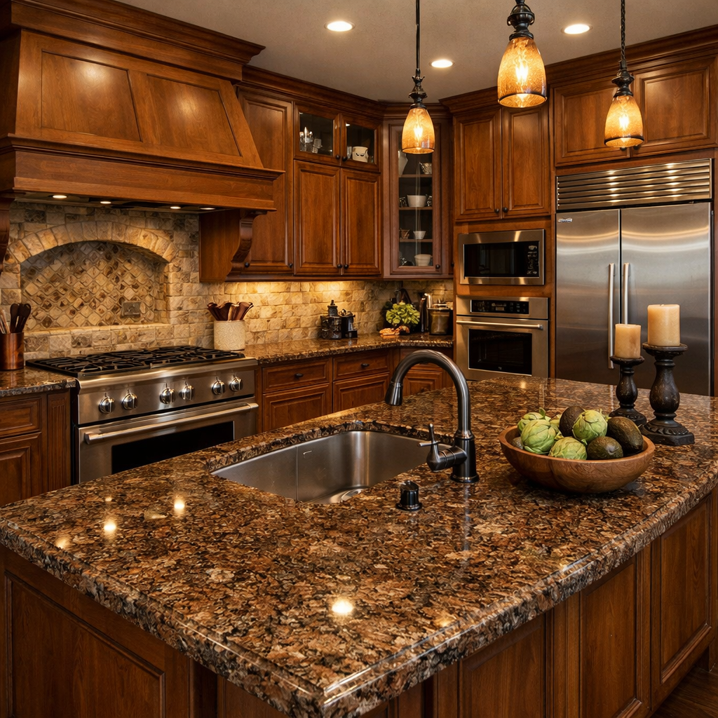 A brown granite kitchen featuring wooden cabinets and warm lighting.