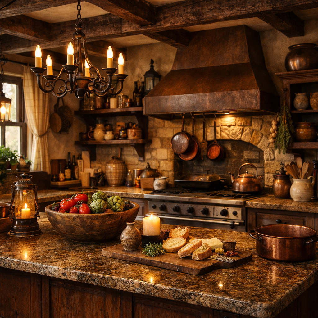 A rustic kitchen with brown granite countertops, wooden beams, and warm lighting.