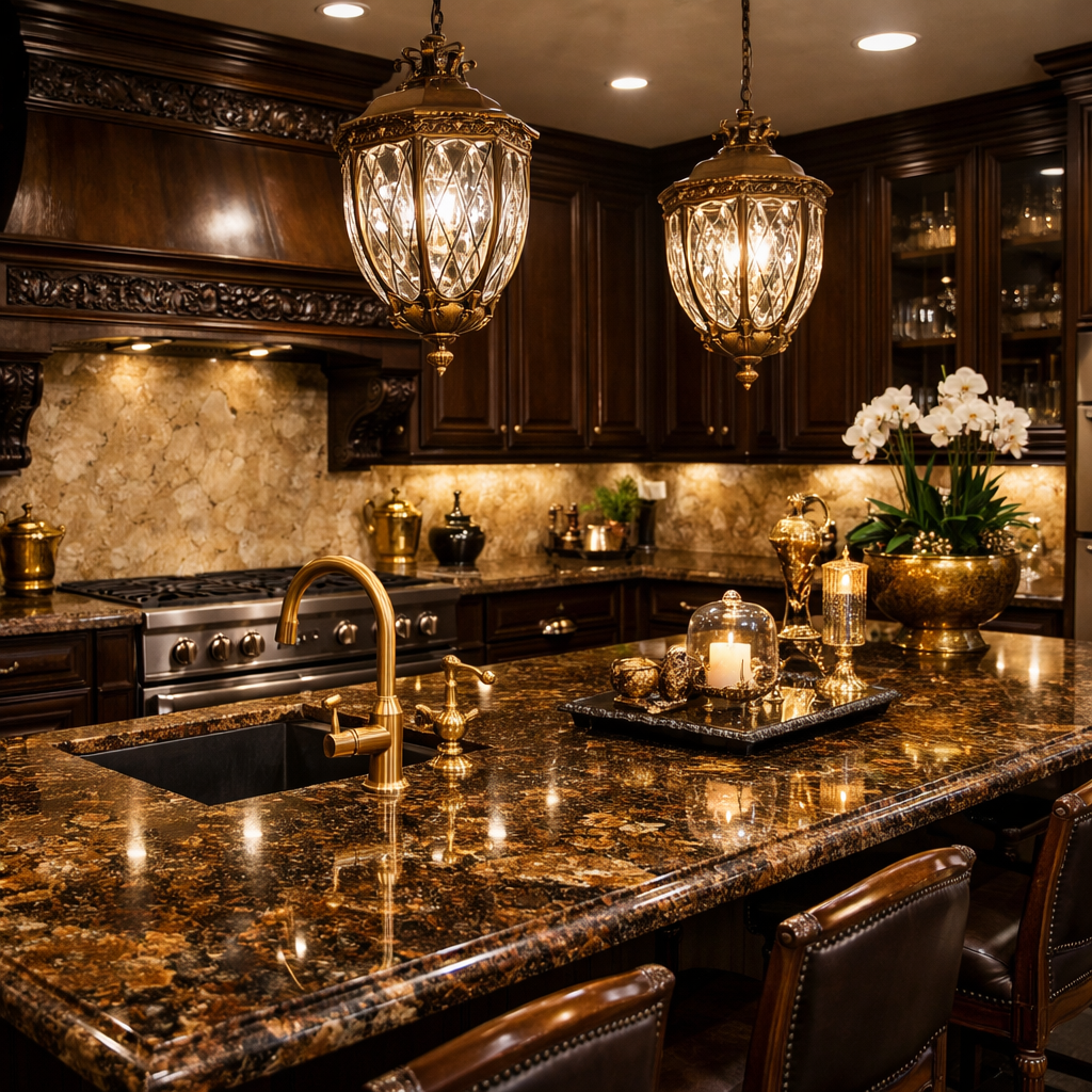 A sophisticated kitchen featuring brown granite countertops with gold accents, elegant lighting, and rich cabinetry.