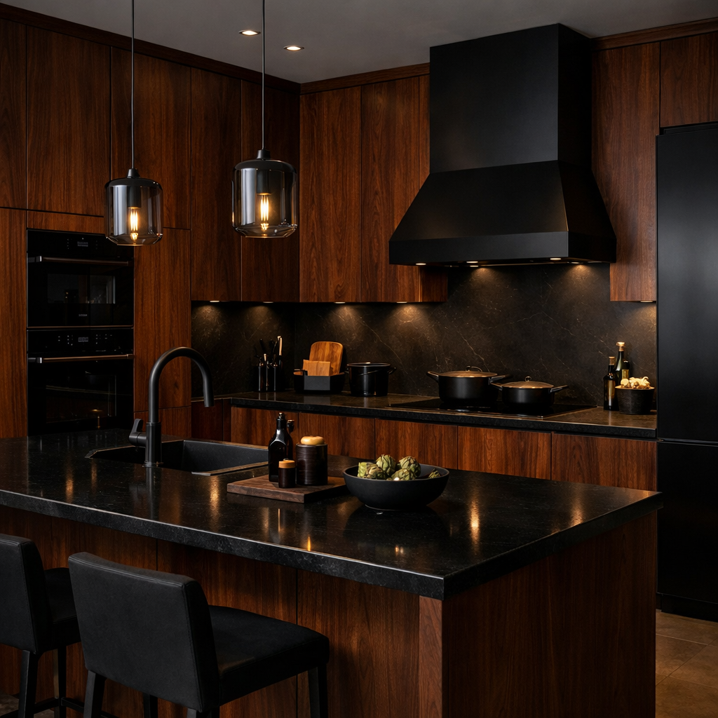 A modern kitchen featuring dark brown cabinets and black countertops, creating a dramatic look.
