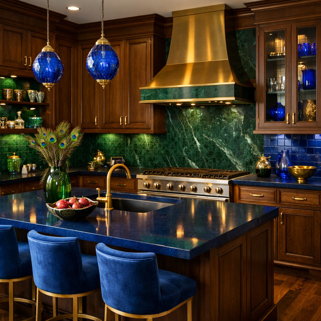 Luxurious kitchen with brown cabinets accented by jewel tones and gold fixtures