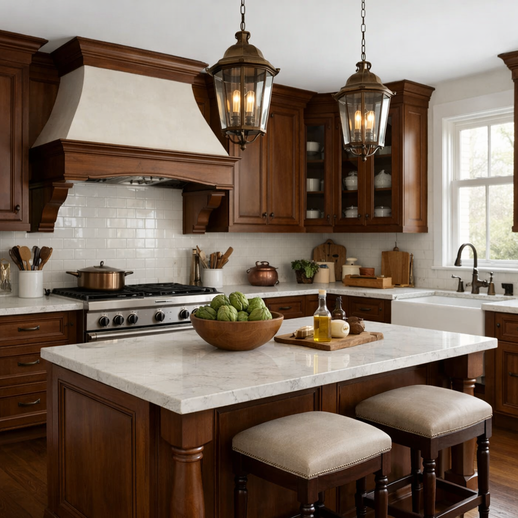 A kitchen featuring rich brown cabinets paired with a white backsplash and countertop, showcasing a warm and inviting atmosphere.