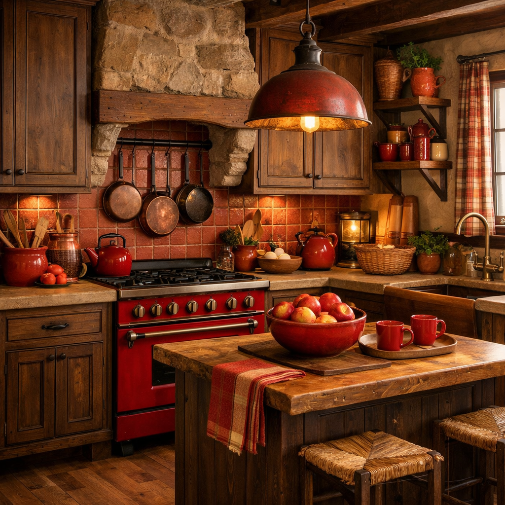 Cozy kitchen with brown cabinets and red accents