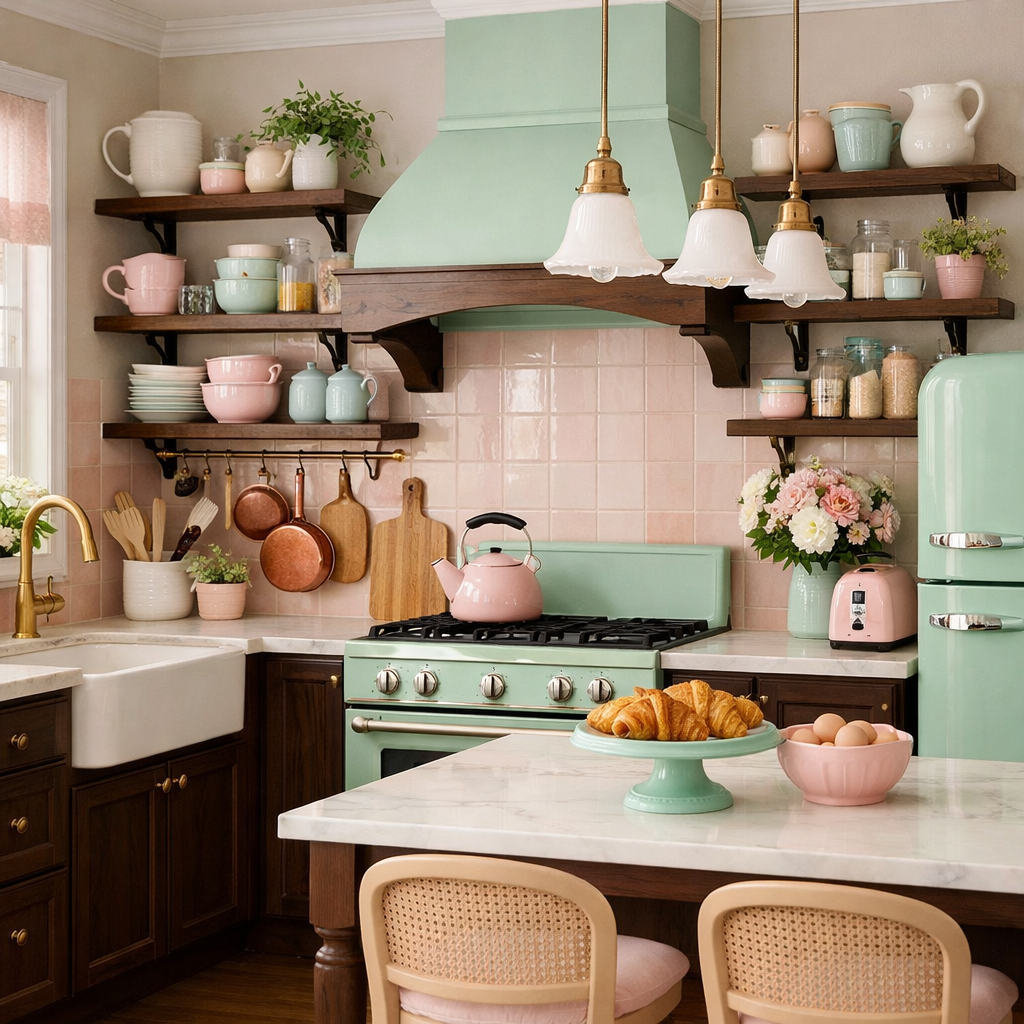 A cozy kitchen featuring dark brown cabinets, pastel colored accents in mint green and pink, with stylish decor and a bright atmosphere.