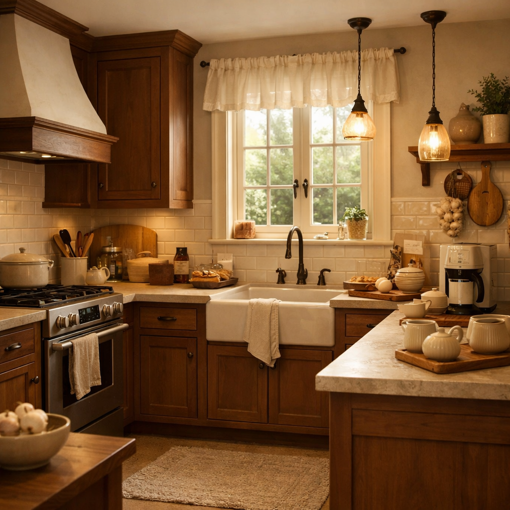 A cozy kitchen featuring warm neutral colors with brown cabinets, showcasing natural light and inviting accessories.