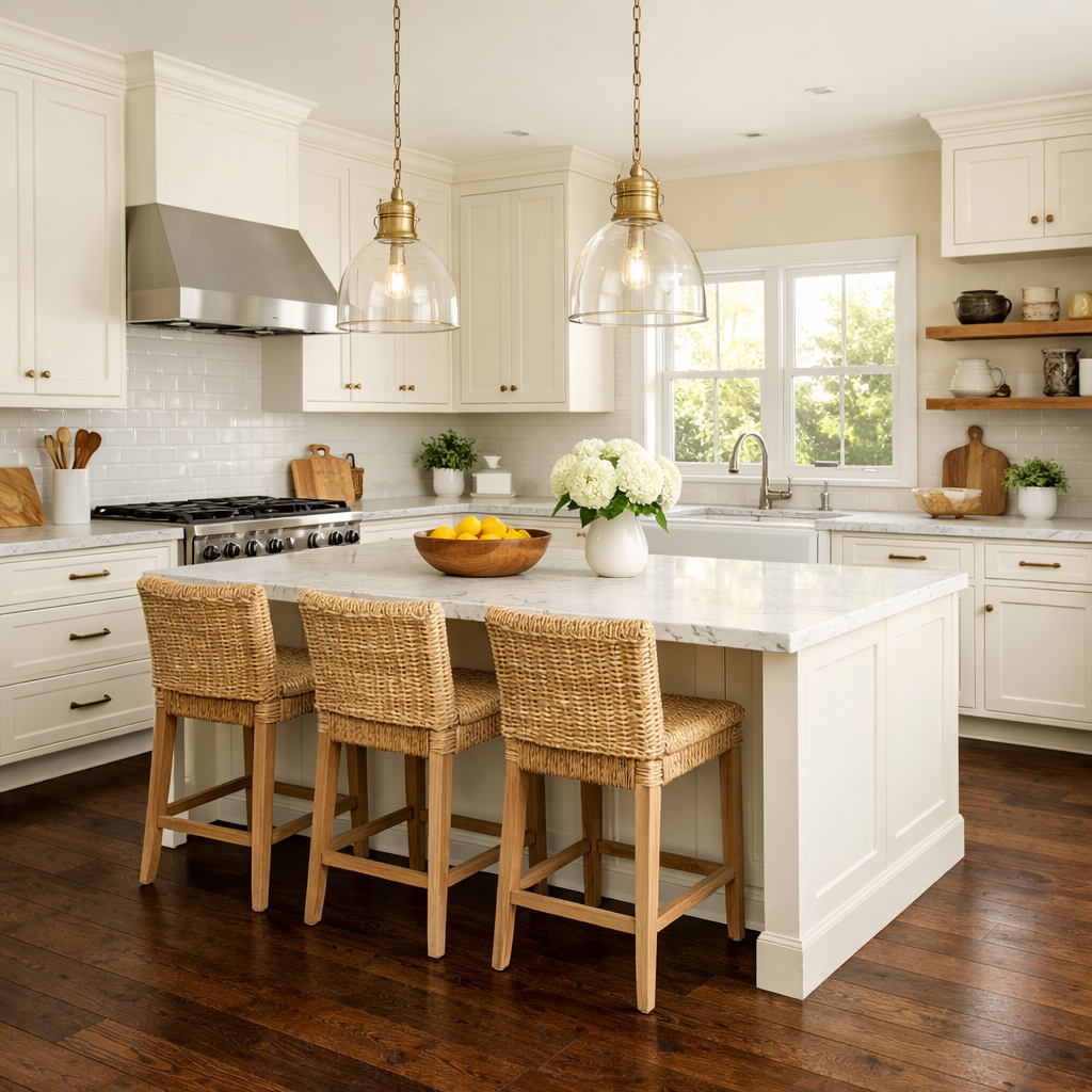 A stylish kitchen featuring cream walls and dark brown flooring, with modern fixtures and wooden accents.