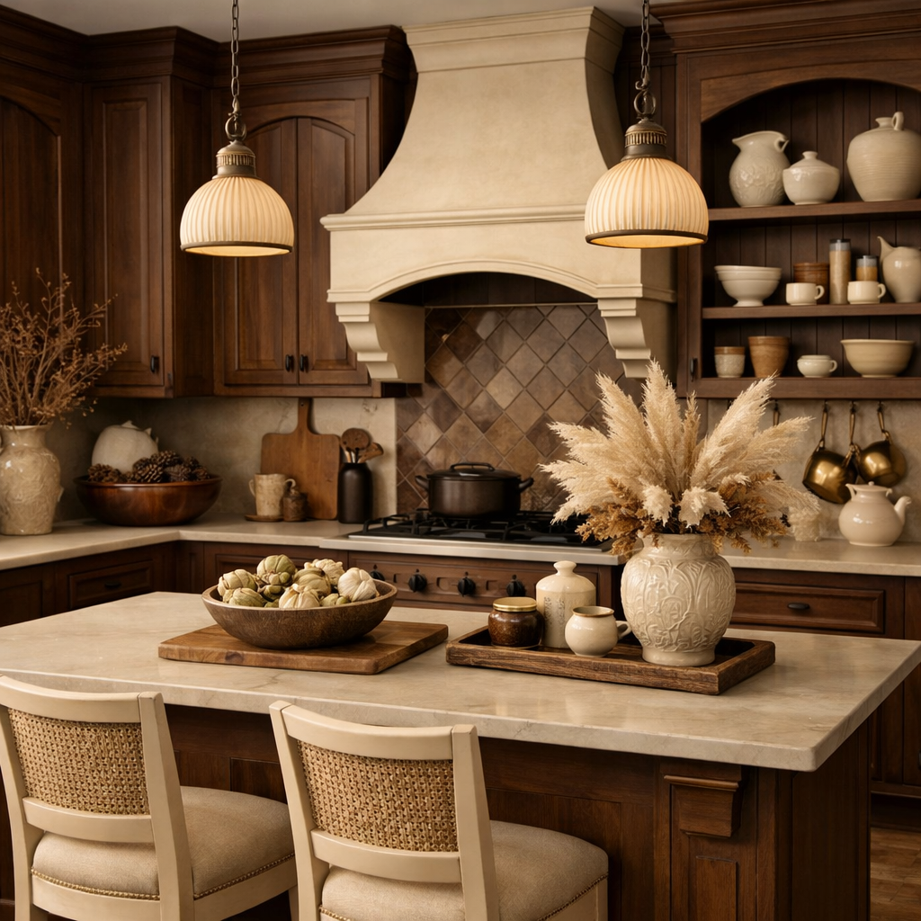 A beautifully designed kitchen featuring brown cabinetry and cream accents, including light fixtures and decorative pottery.