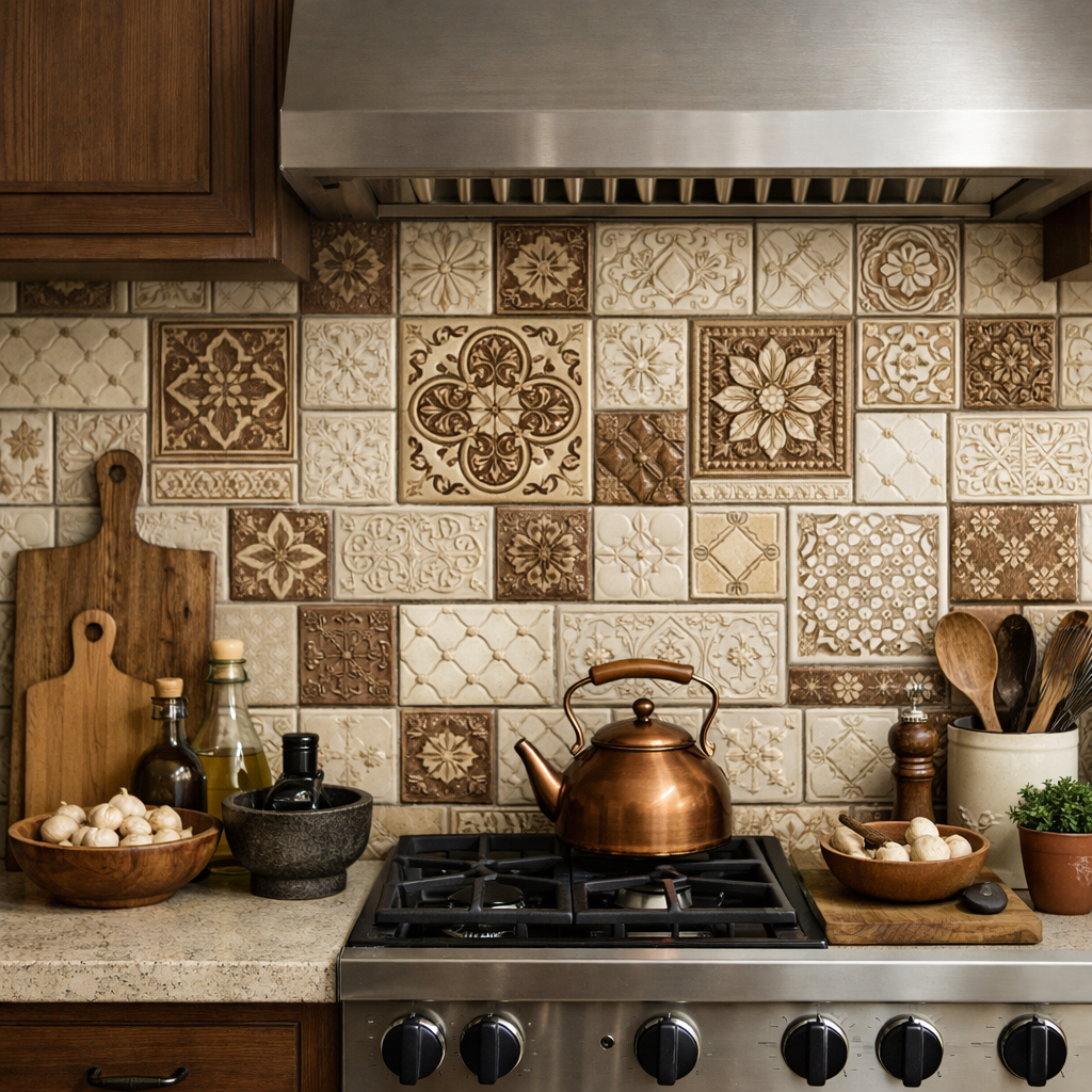 A kitchen featuring a cream and brown tile backsplash with intricate designs, dark wood cabinetry, and a polished copper kettle.