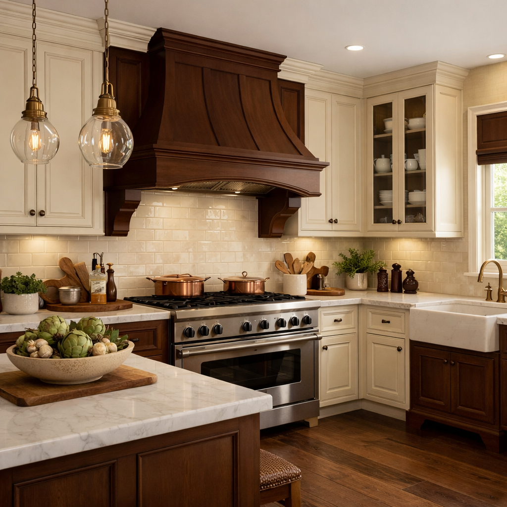 Elegant kitchen featuring cream cabinets and brown accents