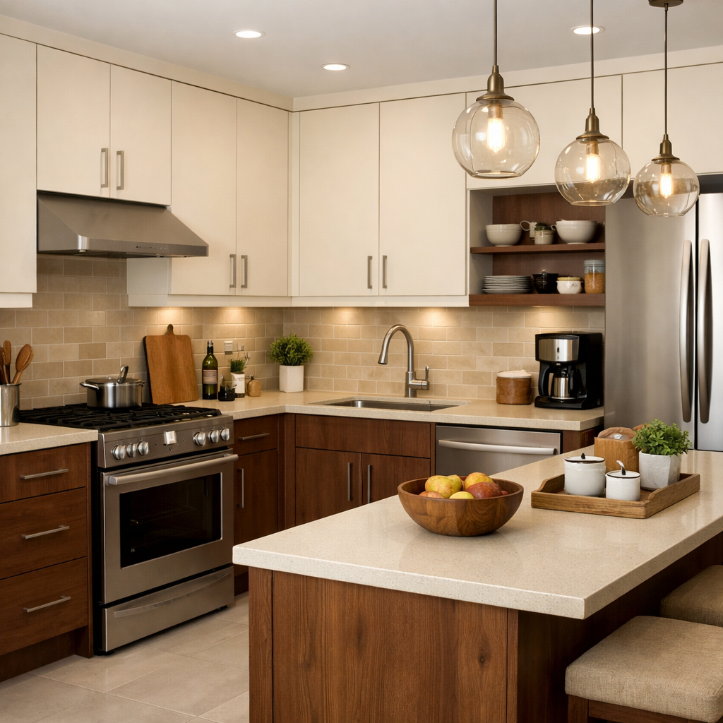 A functional cream and brown kitchen featuring modern appliances, light fixtures, and a warm atmosphere.
