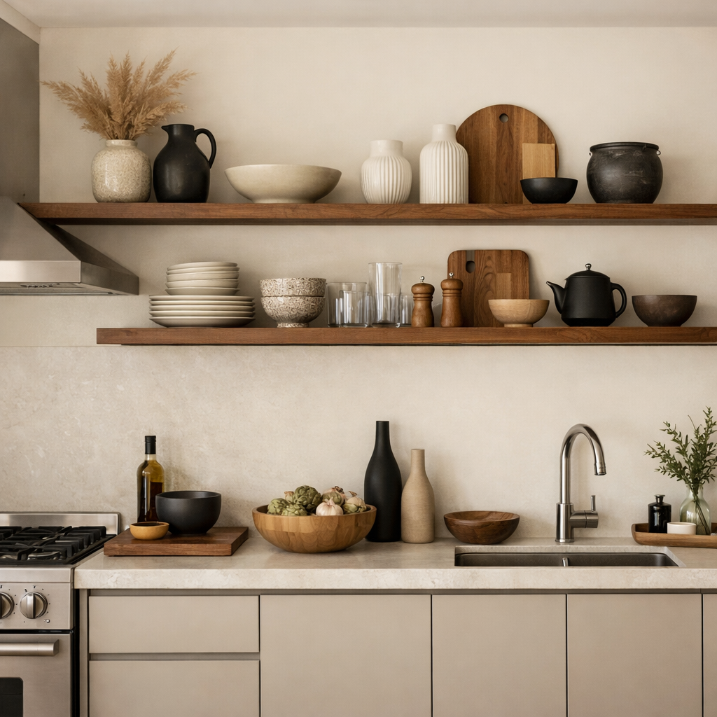 Modern kitchen with cream walls and brown open shelving, stylishly arranged with various kitchenware.