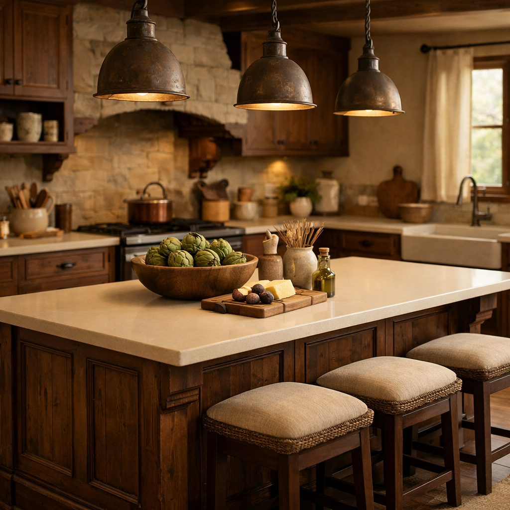 A rustic kitchen island made of brown wood with cream countertops, surrounded by hanging light fixtures, and decorated with bowls of fresh produce.