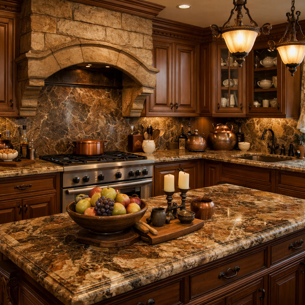 A traditional kitchen featuring brown marble countertops and backsplash, wooden cabinetry, and elegant lighting.