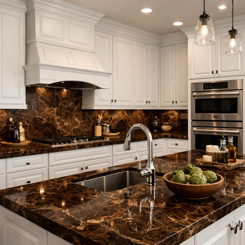 A kitchen featuring white cabinets and brown marble countertops and backsplash, with stylish fixtures and a bowl of artichokes.