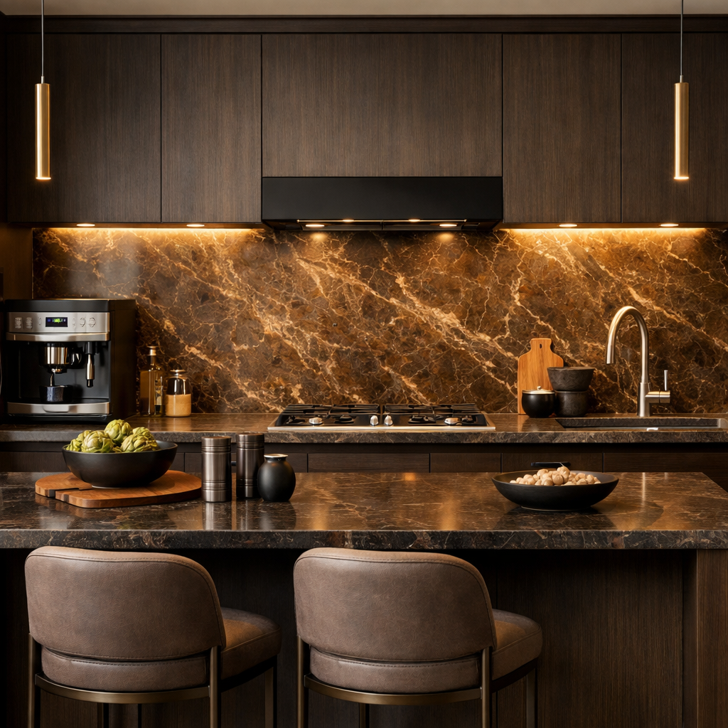 Modern kitchen with brown marble backsplash and elegant decor.